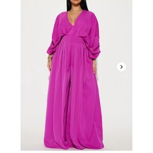 Fashion Nova Magenta Plunging Neck Dolman Sleeve Wide Leg Jumpsuit XL